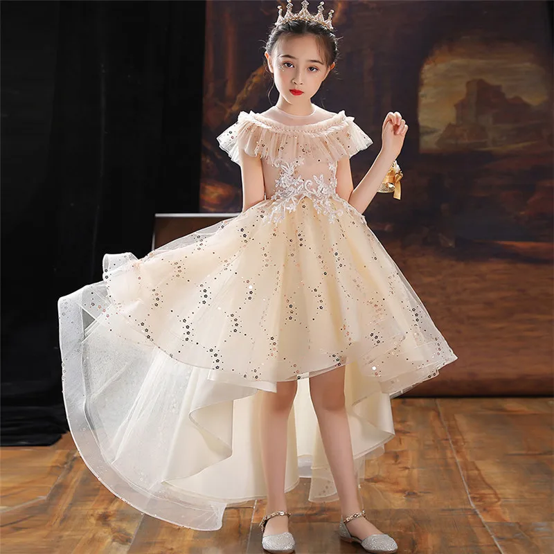 

Children Little Girls Elegant Champagne Color Birthday Evening Party Princess Fluffy Dress Teens Kids Piano Host Prom Dress Wear