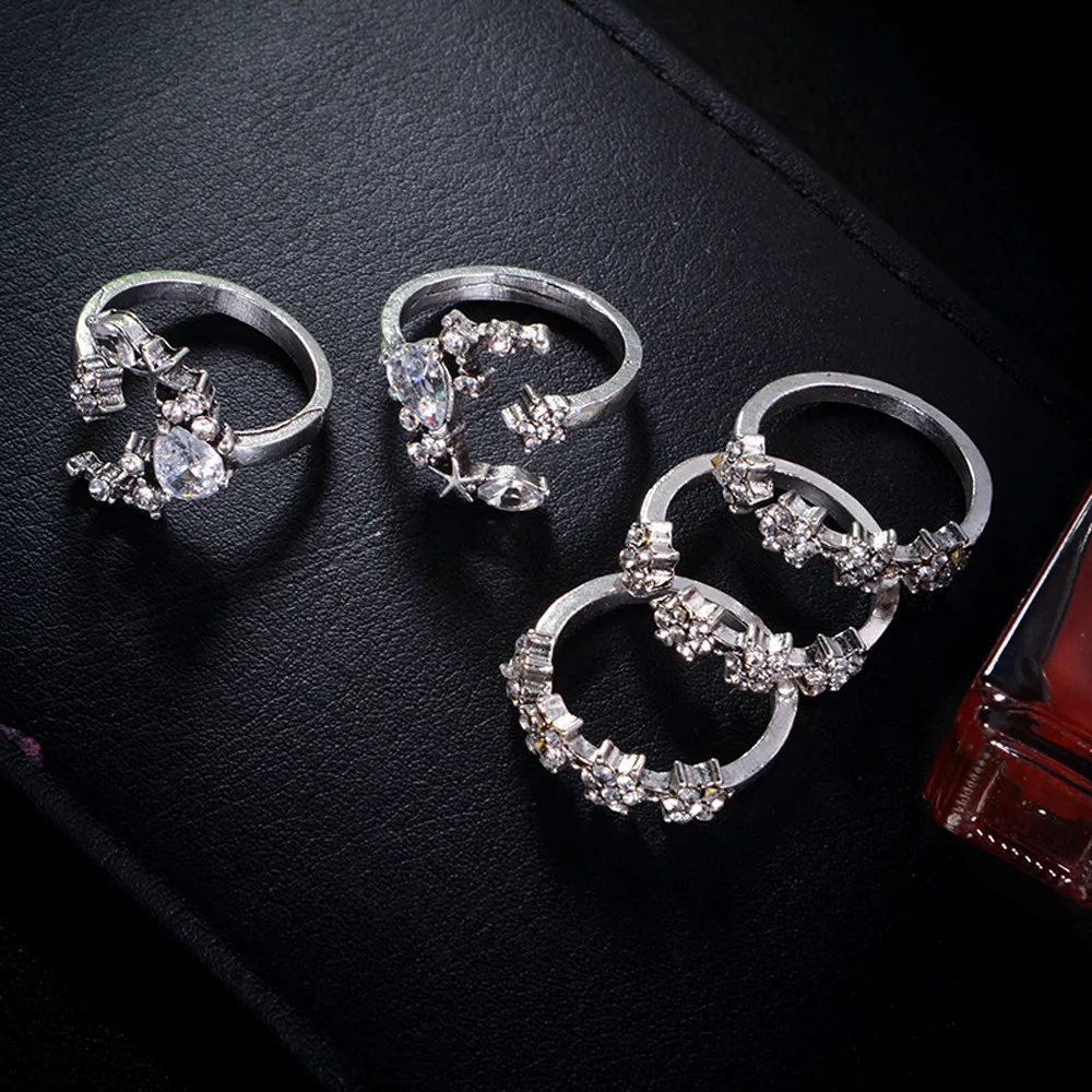 5PCS Women Bohemian Flower Crown Moon Finger Rings Jewelry Star Wedding Lover Crystal Stack Set Accessories Gifts | Украшения и