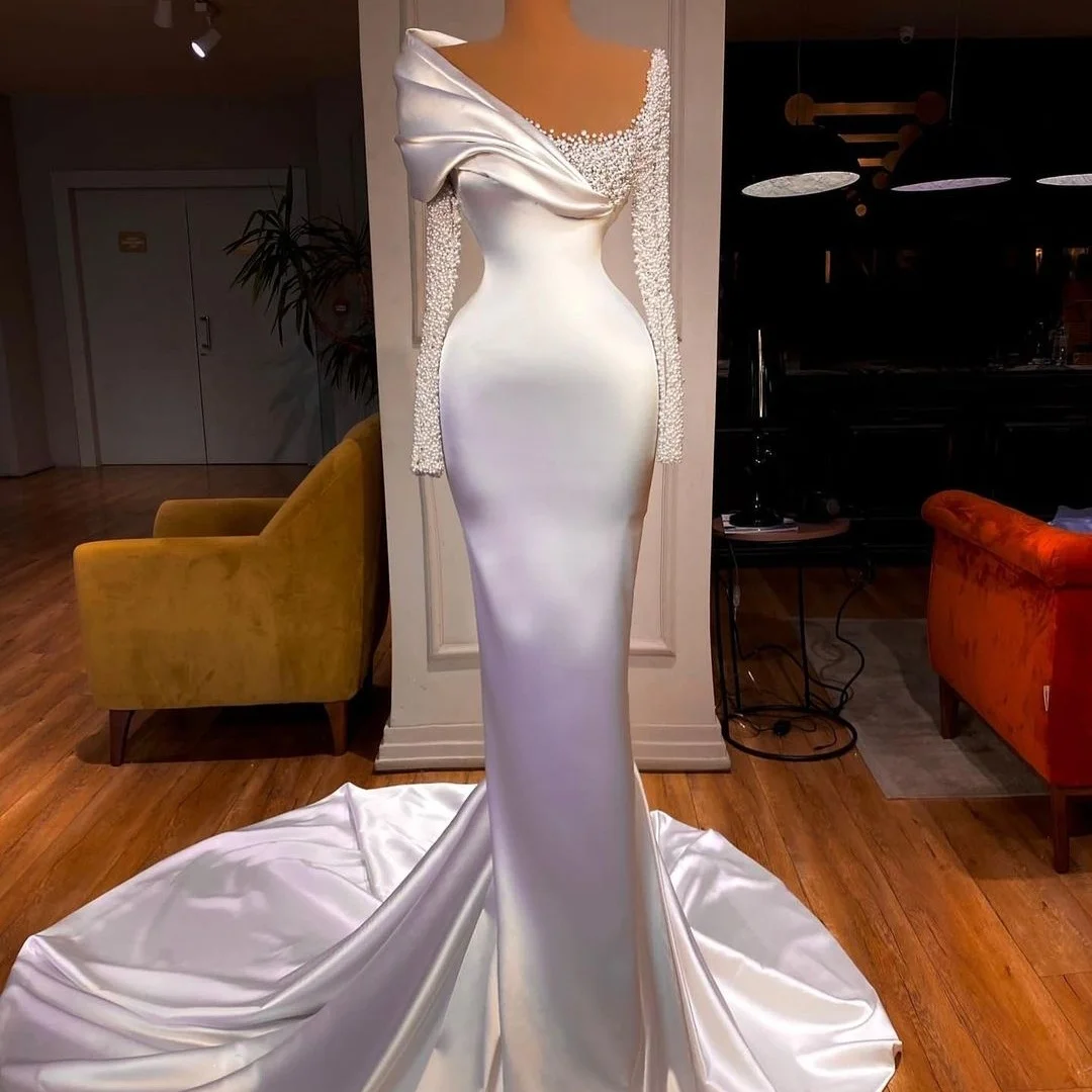 

Luxury Pearls Long Sleeve Evening Dress Beading Ruched Satin Mermaid Prom Gowns Women Party Wear Second Reception Dress