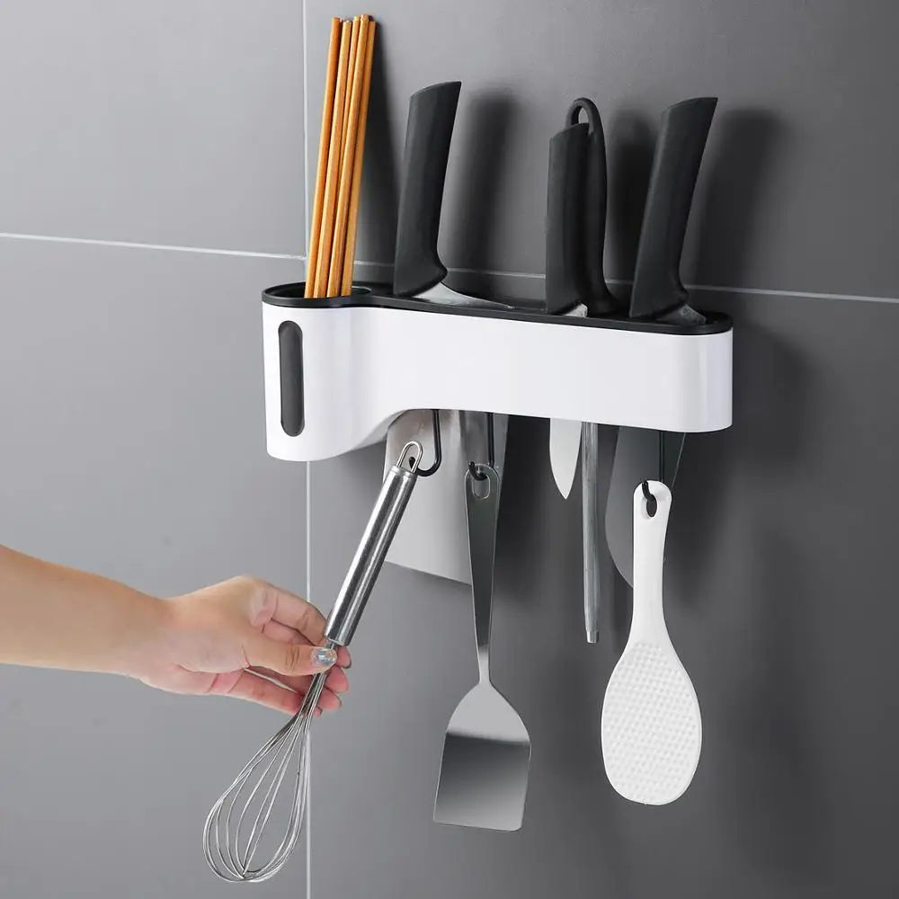 

Plastic Knife Holder And Chopstick Cage Integrated Wall-Mounted Kitchen Storage Rack For Kitchen Tools