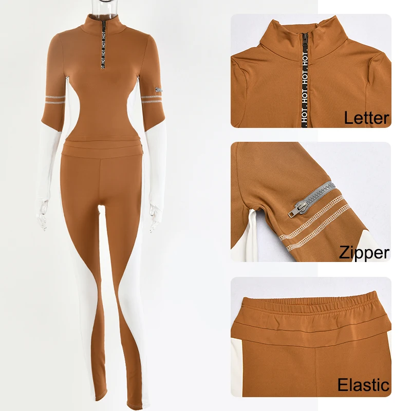 

Sibybo 2 Piece Outfits Women Hot Letter Zipper Tracksuit Spring Turtleneck Tops And Legging Sets Femme Casual Sport Matching Set