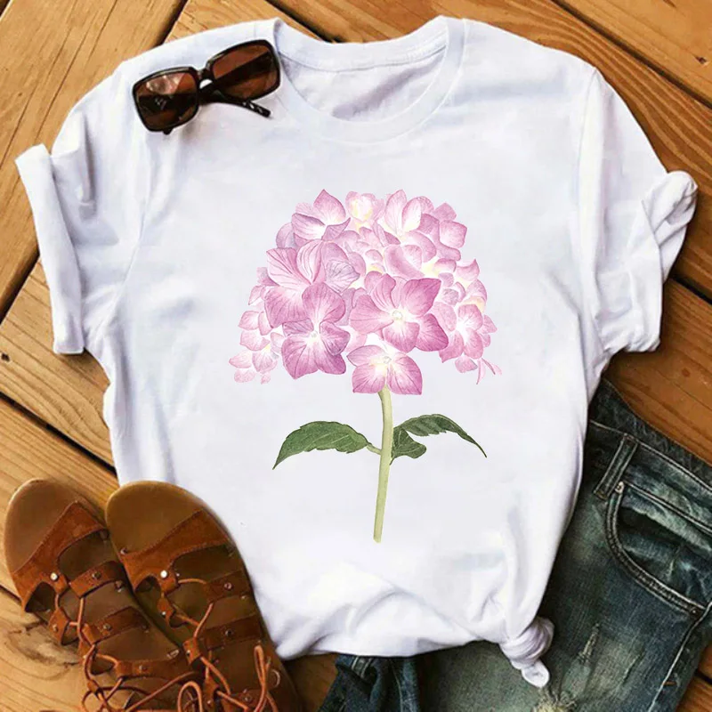

Flower Cartoon Printing T-shirt Womens Summer New Casual Basic Loose White T-shirt Women O-neck Ladies Tee Female Cloth Top