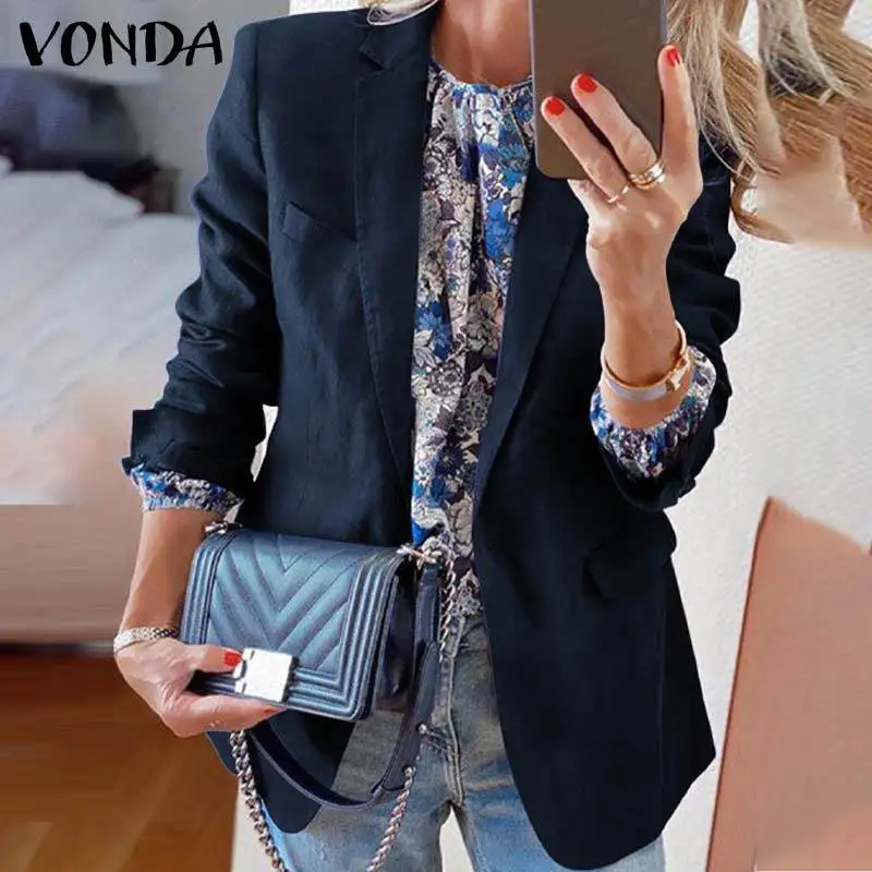

Женский однотонный Блейзер VONDA, винтажное пальто, модная свободная пляжная верхняя одежда с отложным воротником и длинным рукавом, стильные...