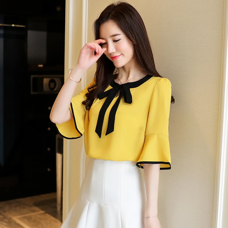 Шифоновая женская блузка рубашка Мода 2019 плюс размер с бантом и круглым вырезом