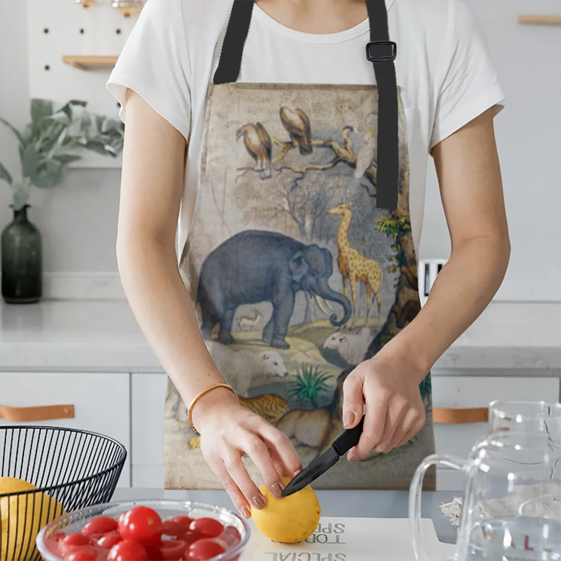 Vintage Elephant Lion Tiger Forest Kitchen Aprons Chef for Woman Kids Home Decor Apron Suit Gloves Cooking Baking Waist Bib Tool | Дом и сад