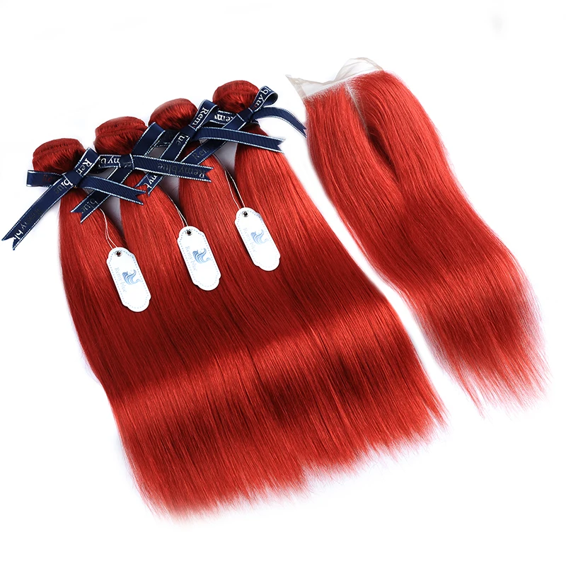 Remy синие волосы бордовые пучки с закрытием прямые бразильские 4 пучка красные
