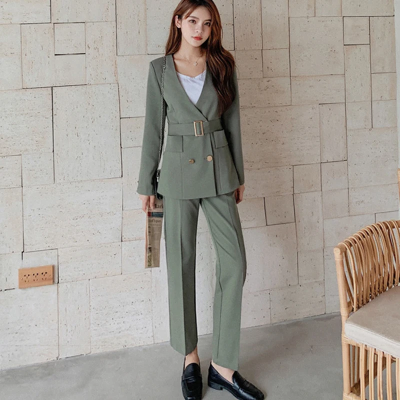 

Женские костюмы, блейзер с поясом, V-образным вырезом и длинным рукавом, двубортный женский облегающий комплект из 2 предметов с брюками, бле...