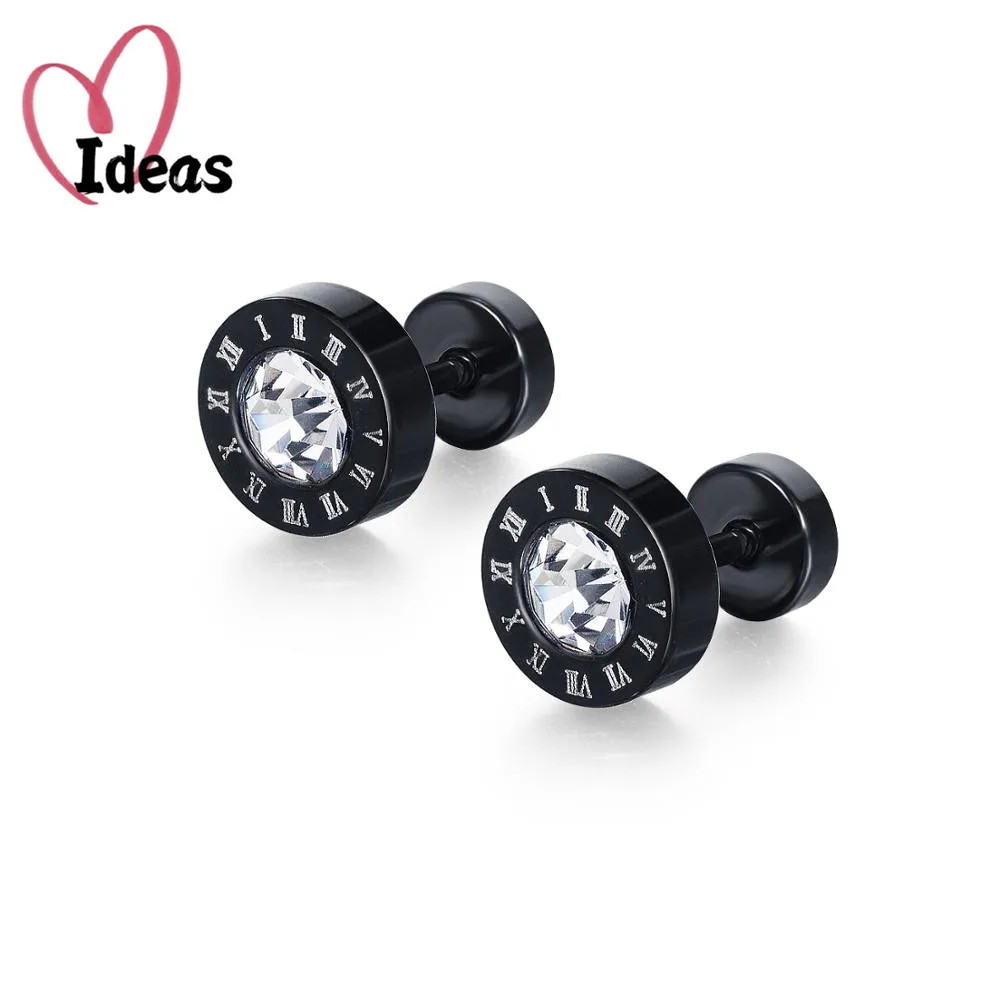 

Trendy Stainless Steel CZ Crystal Rhinestone Men Male Stud Earrings For Men Black Punk Roman Numeral CZ Crystal Christmas Gift