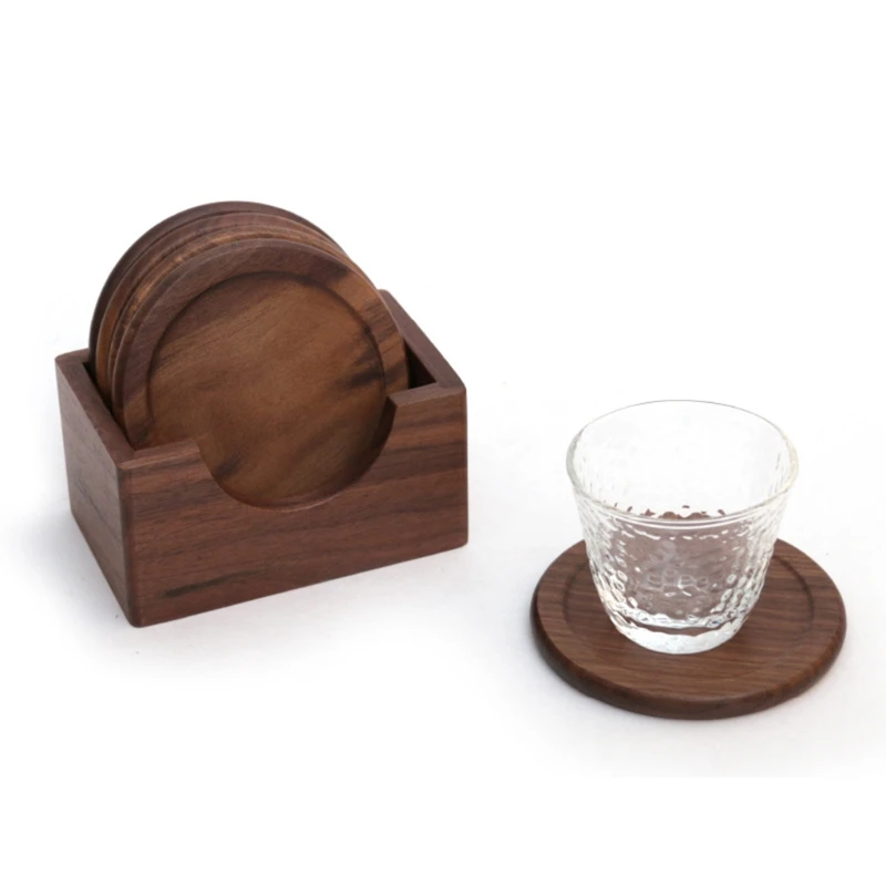 

6Pcs/Set Walnut Wood Coasters Placemats Decor Round Heat Resistant Drink Mat Pad QX2E