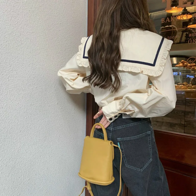 Shirts Women Vintage Patchwork Lantern Sleeve Sailor Collar European Style College Double Breasted Loose Casual Large Size | Женская