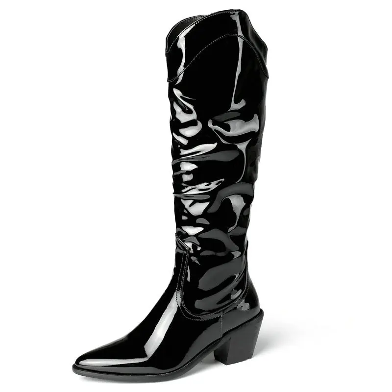 Женские сапоги в западном стиле из лакированной искусственной кожи с квадратным
