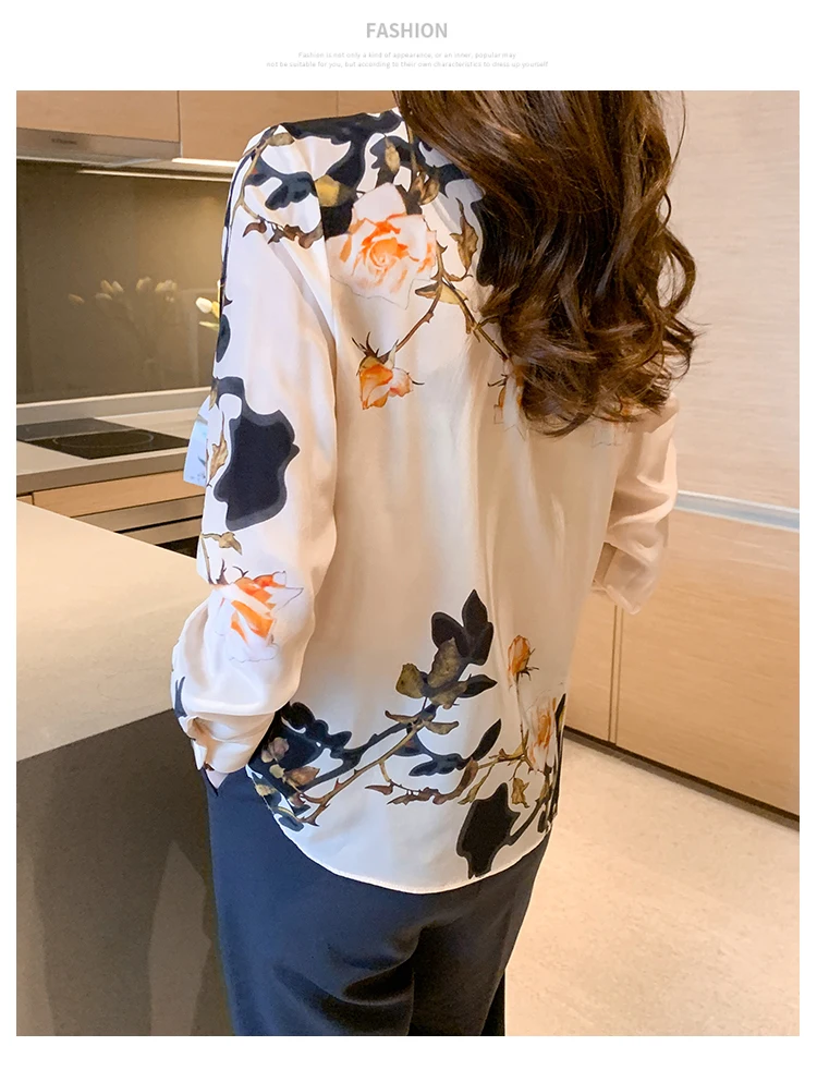 

Houthion New Chiffon Shirts Women's Blouses Fashion Shirt Long Sleeve Top Summer Tops Button Full Loose Printed Blouse