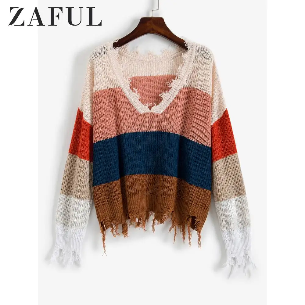 ZAFUL цветной свитер с v-образным вырезом и широкими рукавами свободные