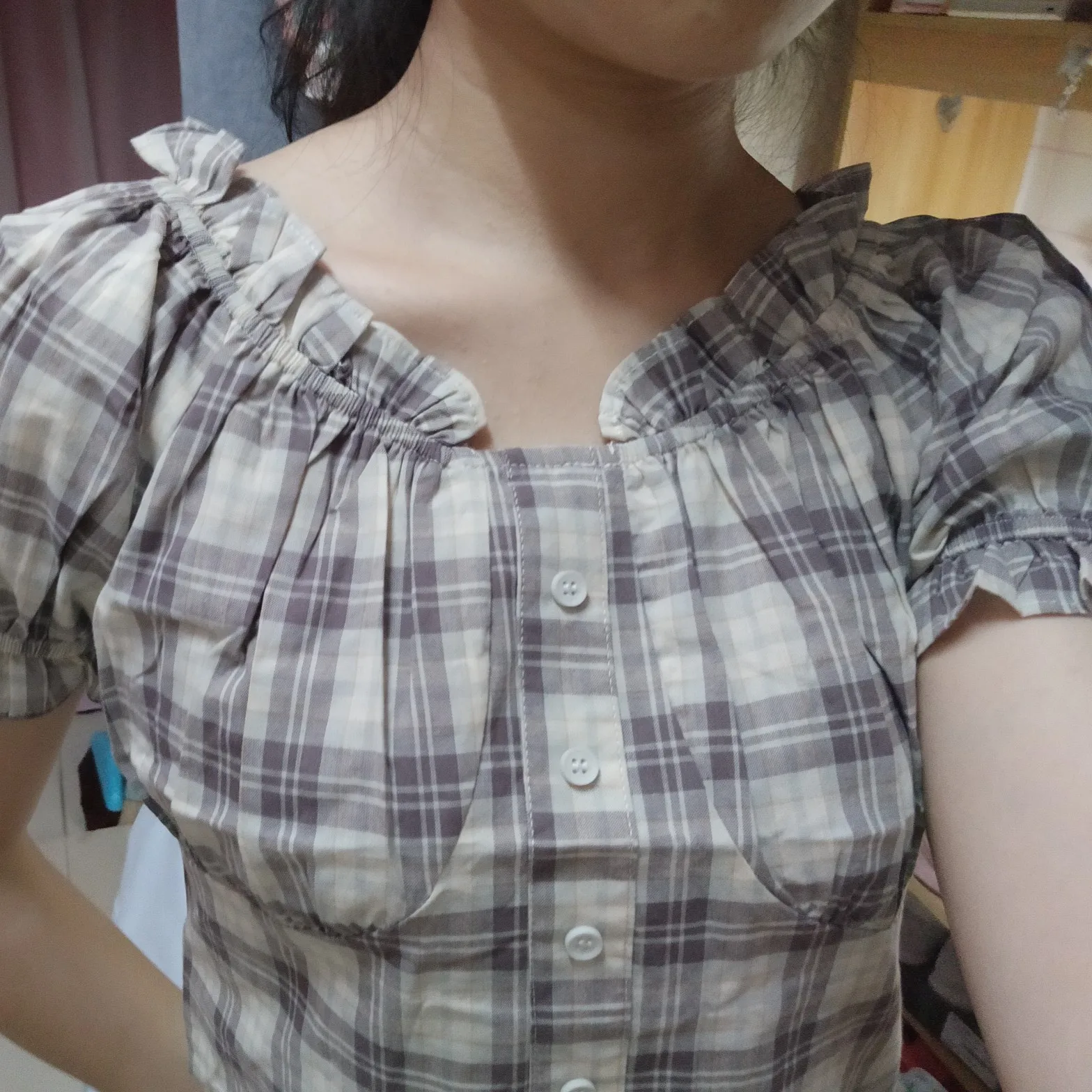 Блузка женская клетчатая с открытыми плечами пикантный хлопковый топ в японском