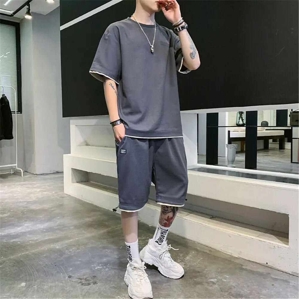 Mens Summer Outfit 2-Piece Set Short Sleeve T Shirts and Shorts Sweatsuit 