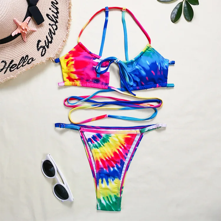 

New Swimsuit Positioning Digital Printing Strappy Split Bikini