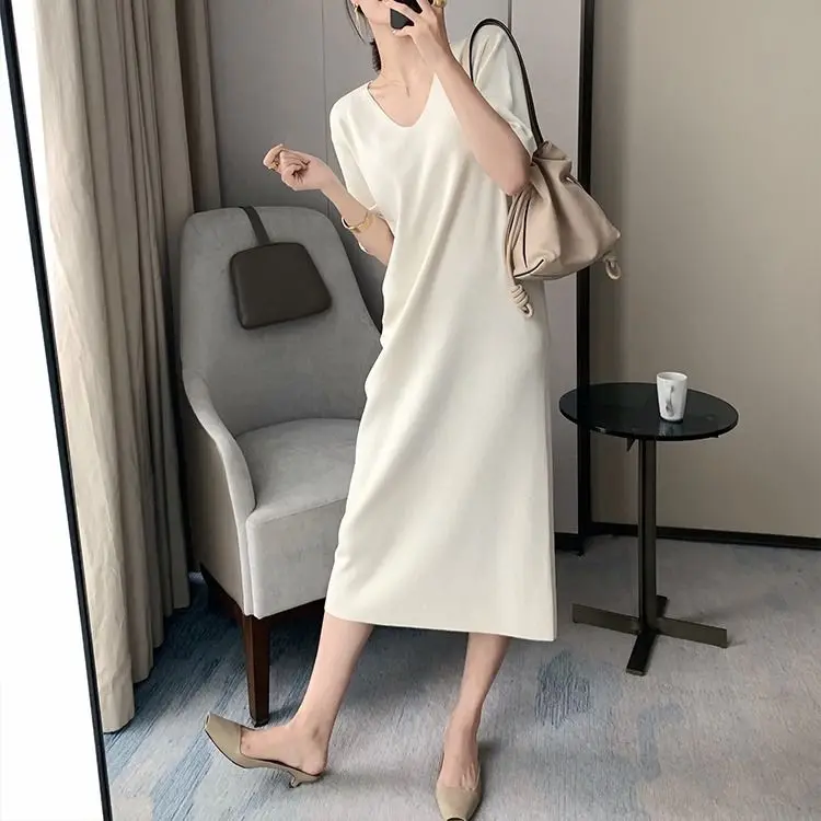 

2021 Women Summer New Short Sleeve Solid Vintage Dress Female Korean Thin Knitted Dresses Elegant Loose Straight Vestidos Z185