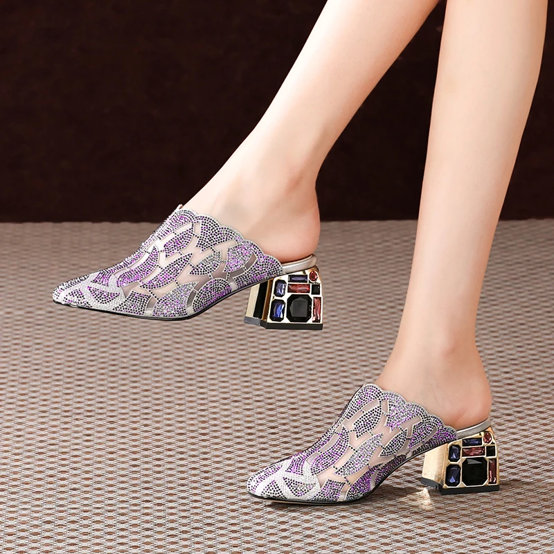 

Genuine Leather High Heels Pumps Glitter Crystal Square Toe Women Mules Spring Summer Wedding Office Lady Shoes Woman