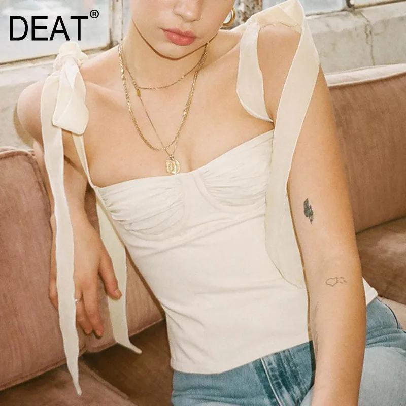 Женская футболка без рукавов DEAT Однотонная с бантом на бретельках Повседневная