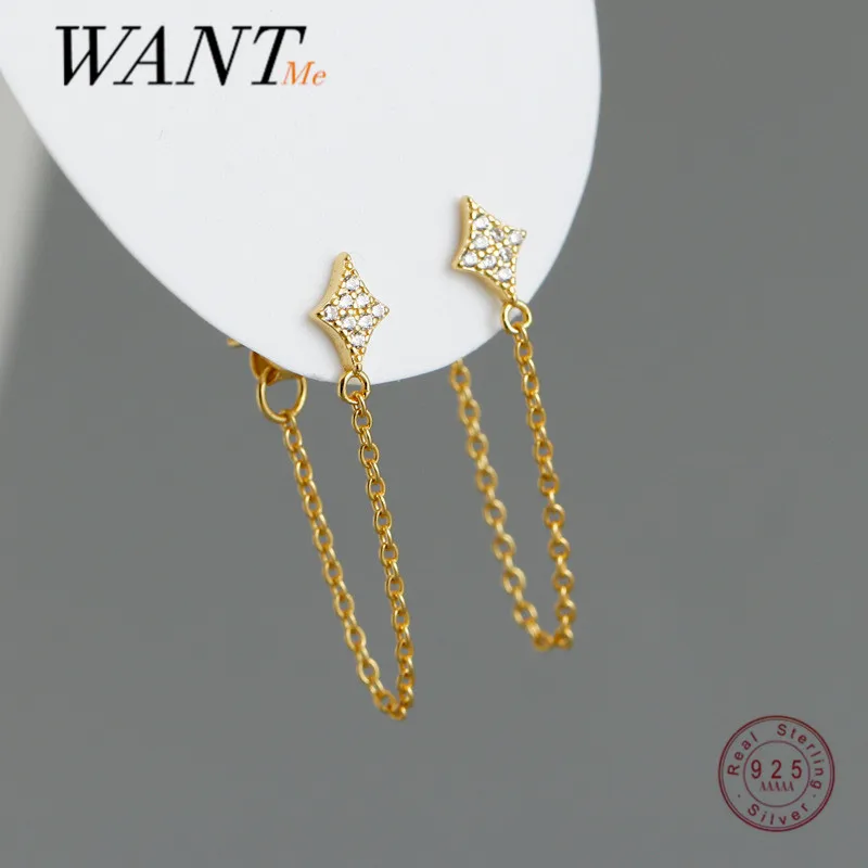 

WANTME Fashion Bohemian Real 925 Sterling Silver Geometric Zircon Tassel Link Chain Drop Earrings for Women Charm Party Jewelry