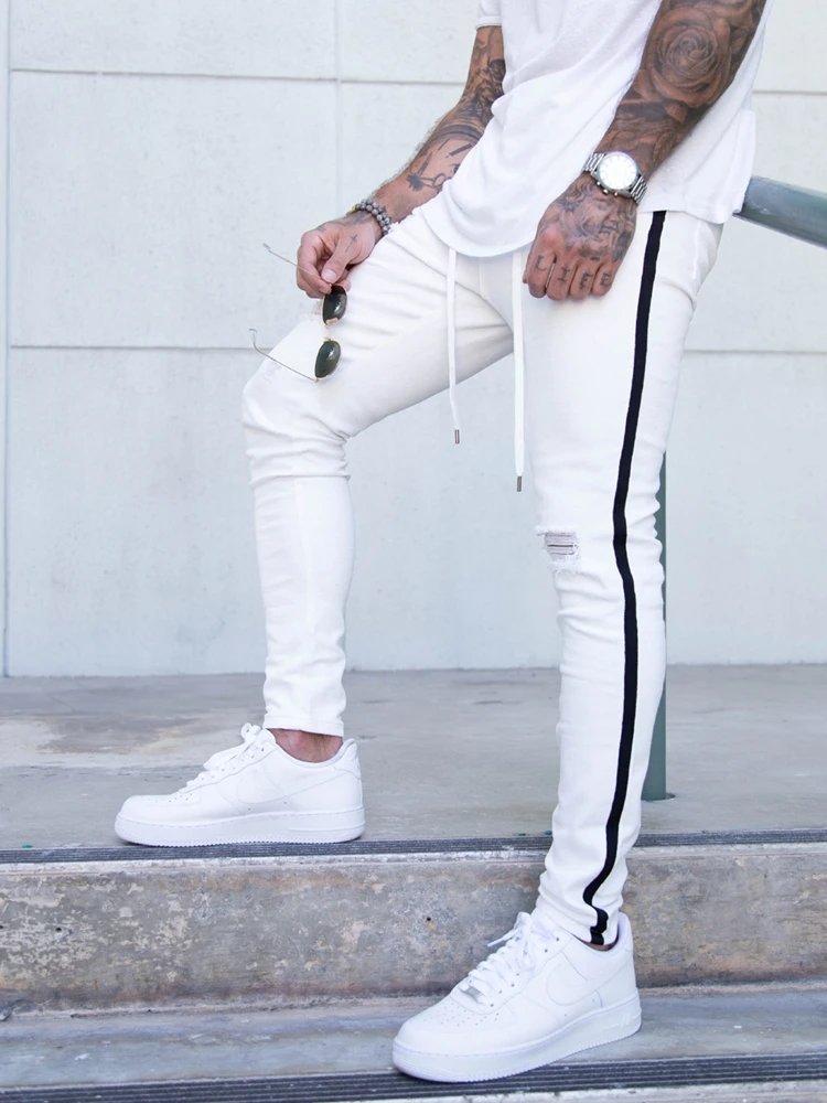 2021 Men's Jeans Cool Ripped Skinny Trousers Stretch Slim Denim Pants Large Size Hip Hop Black Blue Casual Side stripe jeans