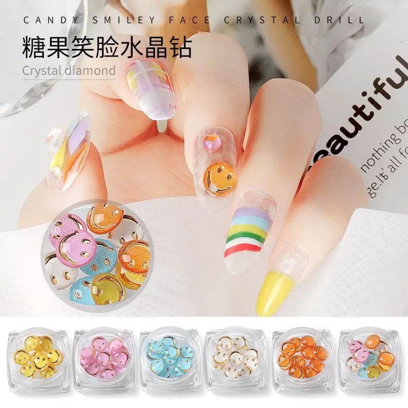 

Online Celebrity Japanese Nail Smiley Face Jewelry Round Cute Cartoon Candy Crystal Smile Stereo Nail Decoration Stickers Drill