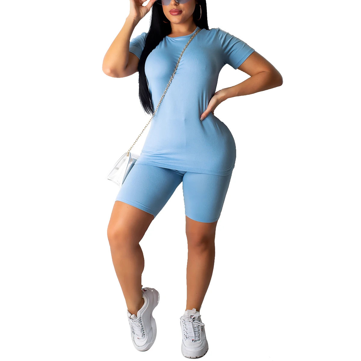 

Hirigin New Women's Casual Two Pieces Sets Solid Color Bodycon Tracksuit Round Neck Short Sleeve Skiny Top Short Pants Outfits
