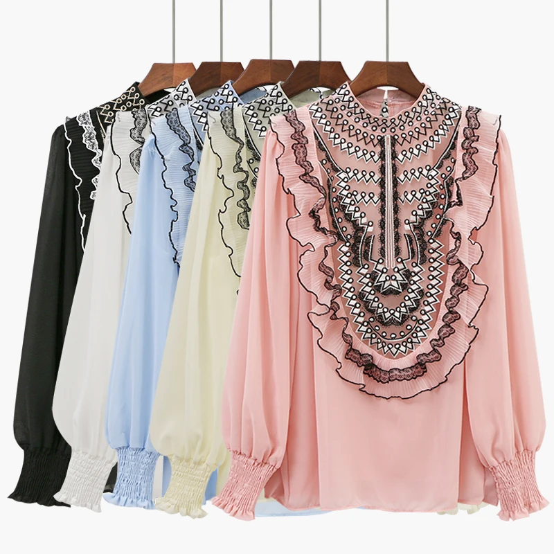 

2021 Spring Women O-Neck Embroidery Lace Gauze Lantern Sleeve Ruffles Chiffon Shirt Lady Elastic Slim Pullover Chic Blouse Tops