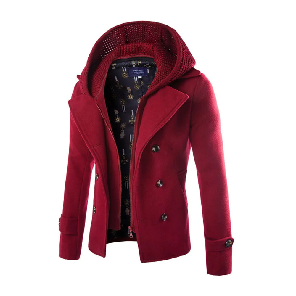 Зимняя шерстяная куртка мужская Толстая теплая двубортная с капюшоном и пальто