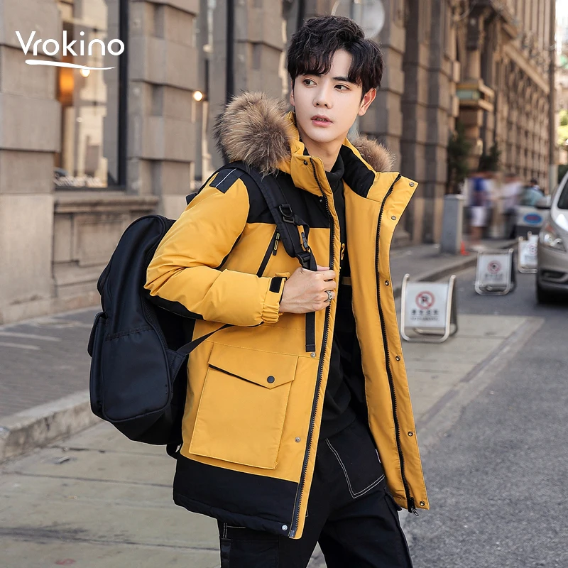 Мужская парка на утином пуху VROKINO белая черная желтая куртка с капюшоном M 3XL зима