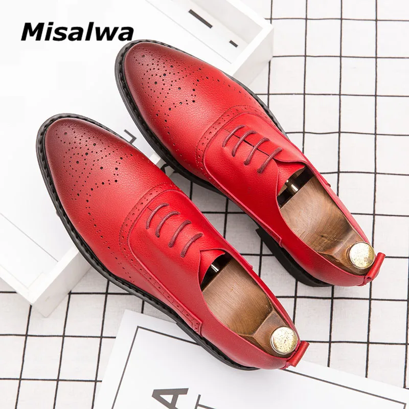

Misalwa Red Brogue PU Leather Men's Shoes Pointy Toe Fashion Wedding Party Men Dress Shoes Carved Single Layer African Oxfords