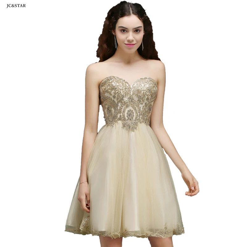 

Champagne blue cocktail dresses short organza gold applique sweetheart Backless ALine sukienki koktajlowe cheap prom gown