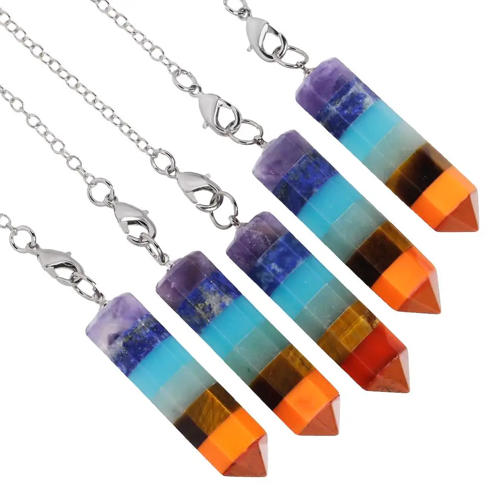 

TUMBEELLUWA 7 Chakra Stone Hexagon Prism Pendulum for Divination,Healing Crystal Point Pendant with Chain Reiki Dowsing Jewelry