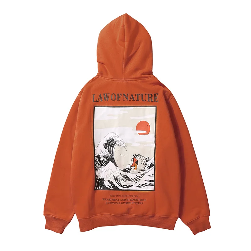 Japanese hoodies men Embroidery Funny Cat Wave harajuku Printed fleece hip hop streetwear winter sport brand sweatshirts | Мужская