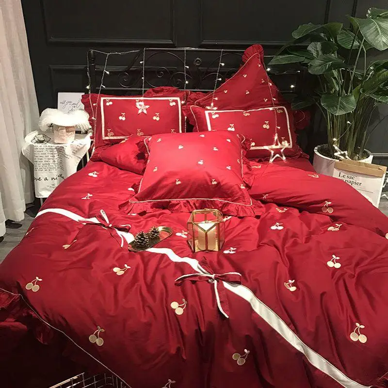 Wedding Bedding Set 300TC Egyptian Cotton Embroidery Queen King Size Bed Sheet Set Cherry Wine Red Duvet Cover 4Pcs Set for Home