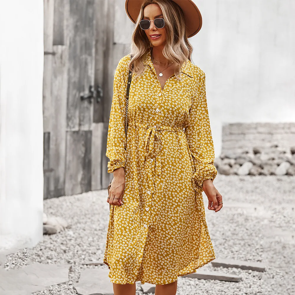 

Sweet Yellow Print Women Autumn Long Sleeve Casual Dress Slim Turn-down Collar Ladies Chic Button Ruffles Dresses Robe 2021
