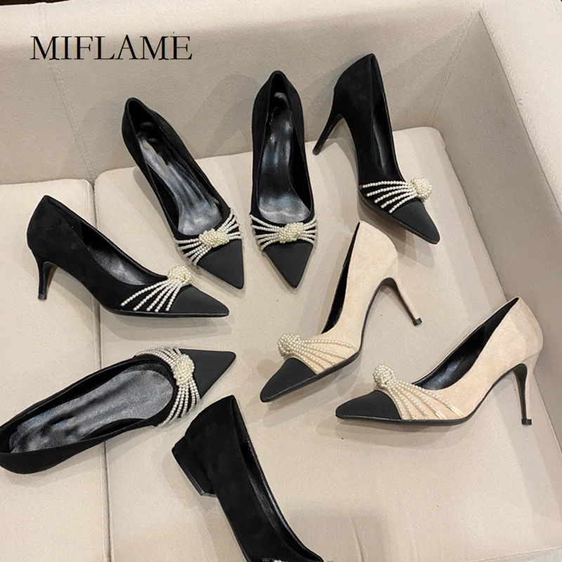 

2021 Sexy Runway Women Fashion High Heels Pointed Toe Pearl Beaded Shallow Pumps Shoes Spring Office Lady Concise Stiletto Heels