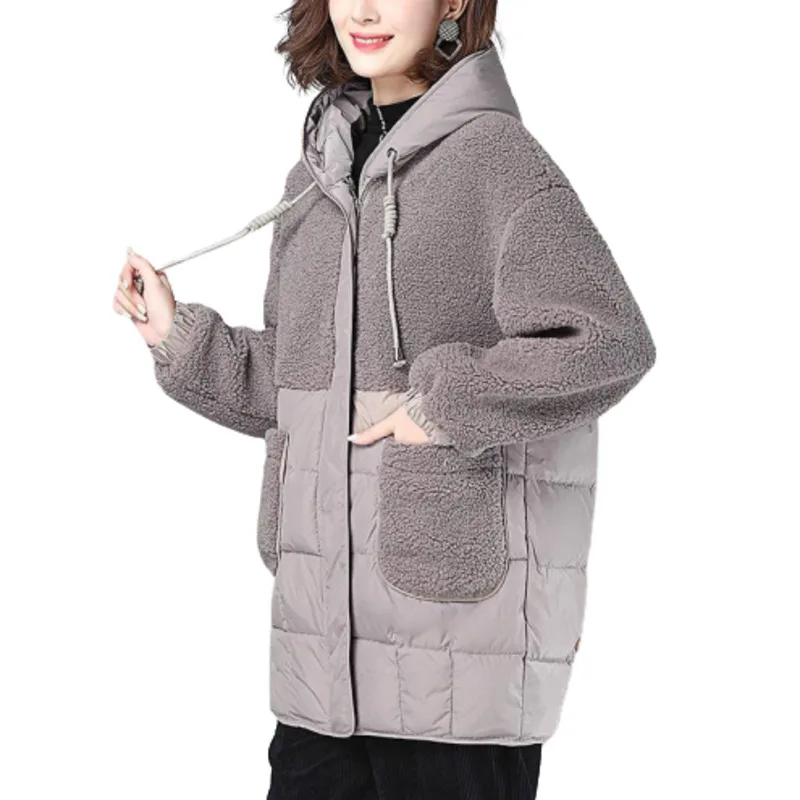 

Leiouna Winter Warm Jacket Loose Coat Harajuku Patchwork Lamb Hair Manteau Femme Hiver Streetwear Woman Clothes