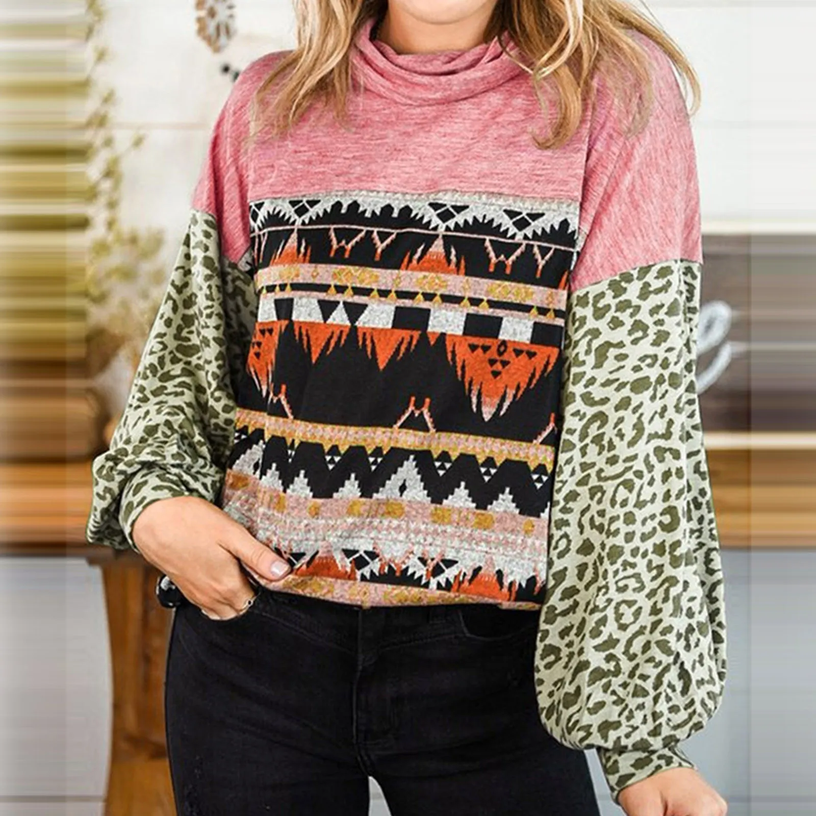 

2021 autumn women's long-sleeved T-shirt high collar leopard print stitching lantern sleeve fashion casual top women's clothing