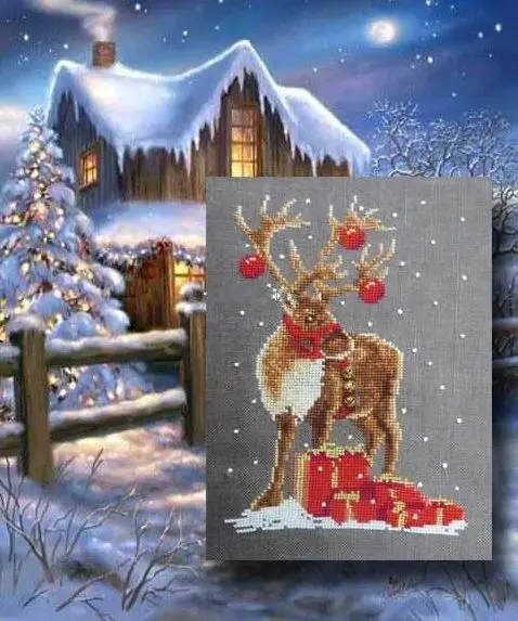 Золотая коллекция Набор для вышивки крестом Rudolf Рождественский олень и подарок в