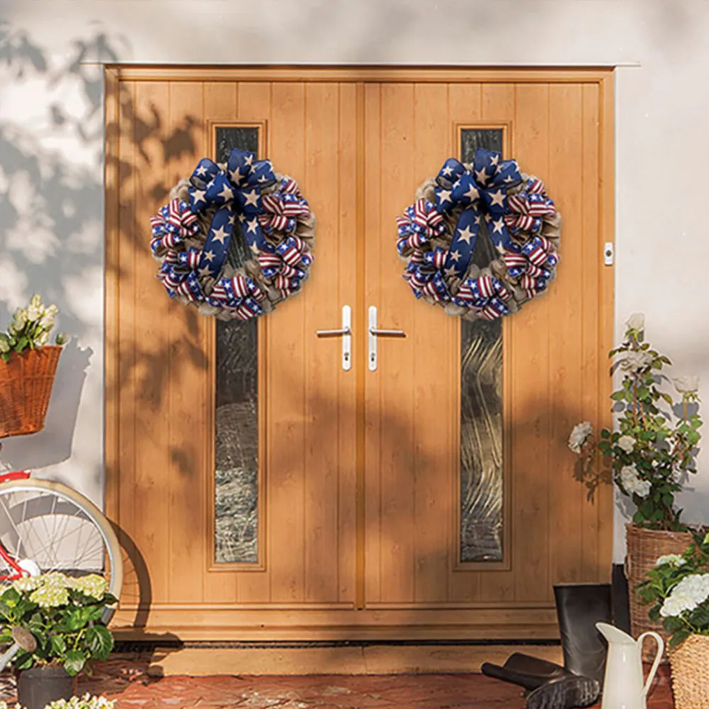 

30 CM Wreath Independence Day Door Mount Fabric Garland Wall Hanging 30cm Decor Plastic Ring National Festive Party Supplies