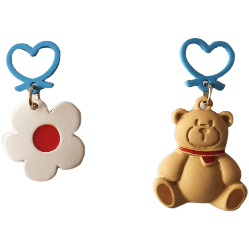 

10% Off New 2021 Original Design S925 Silver Needle Cute Bear Beautiful Girl Love Flower Asymmetrical Kawaii Stud Earrings Cheap