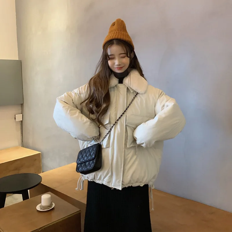 

Autumn and winter Korean version of the thick small fresh bread coat with detachable fur collar cotton coat all-match female