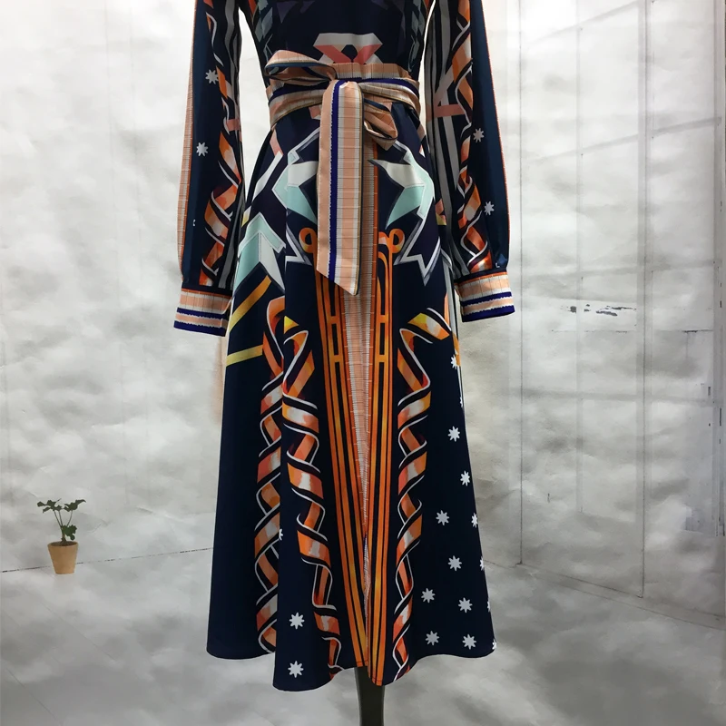 

Designer 2020 Women Dress Fashion Spring Summer Long sleeve Belt Print Midi Dress Women Party Vintage Elegant Dresses vestidos