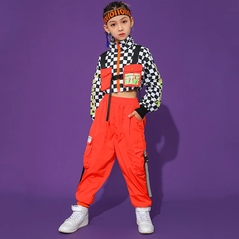 

Hip Hop Dance Costume Boys Girls Long Sleeve Hiphop Clothing Lattice Tops Red Pants Ballroom Jazz Dance Clothes Show Wear