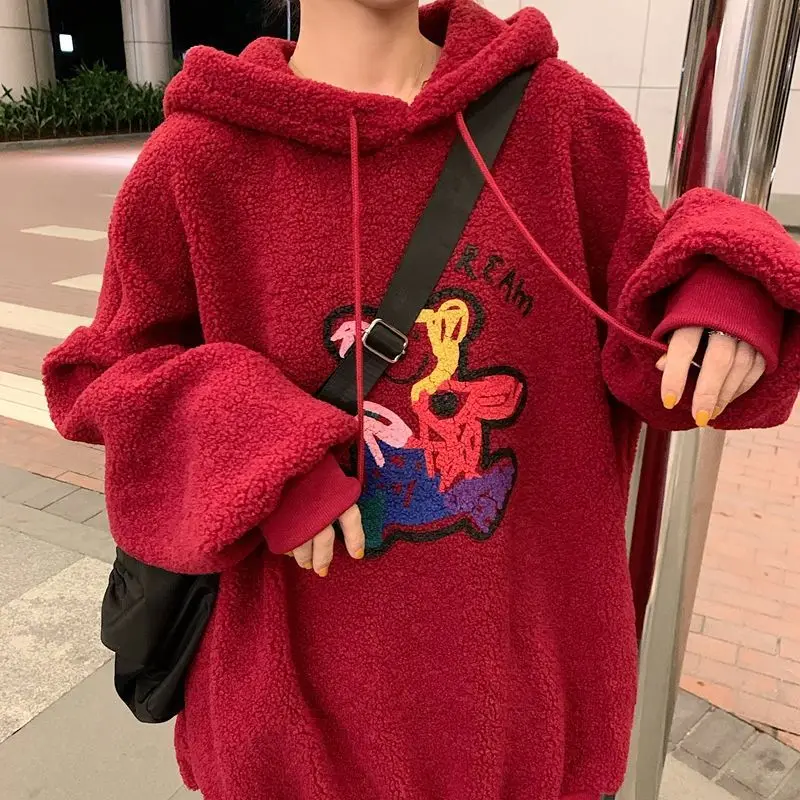 Bear ear hat pullover hoodie imitation lamb wool Korean winter ladies hoodie 2020 new Harajuku