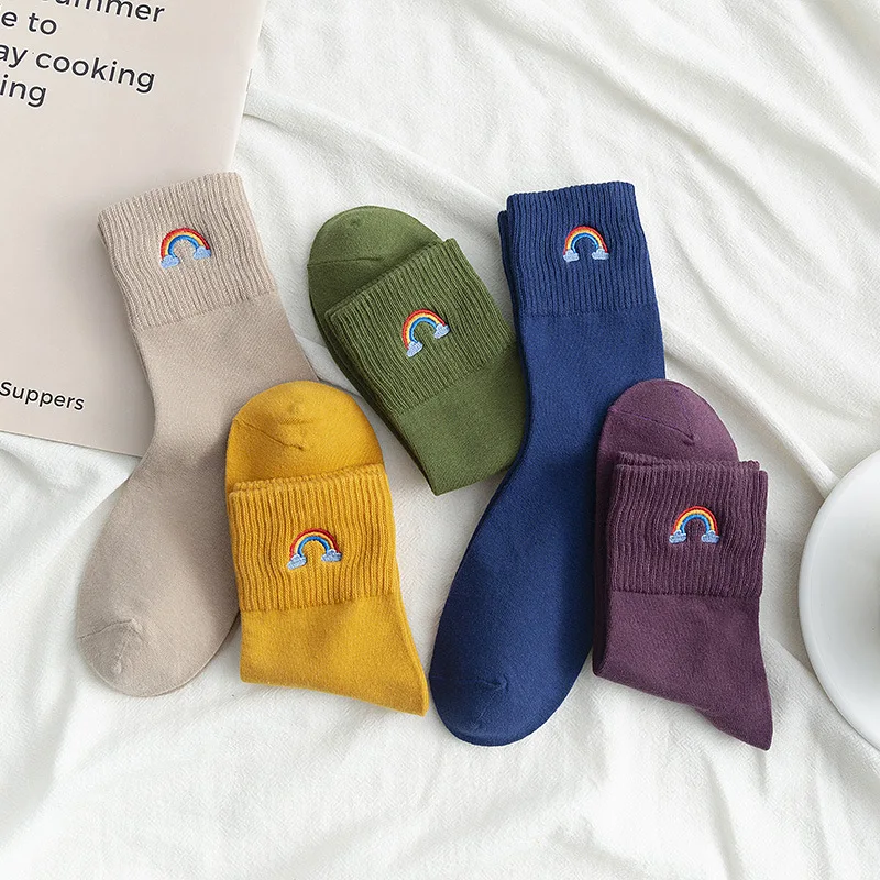 

Embroidery Middle Tube Woman Socks Cotton Kawaii Rainbow Cartoon Long Socks Fashion Harajuku Korean Style Wearable Breathable