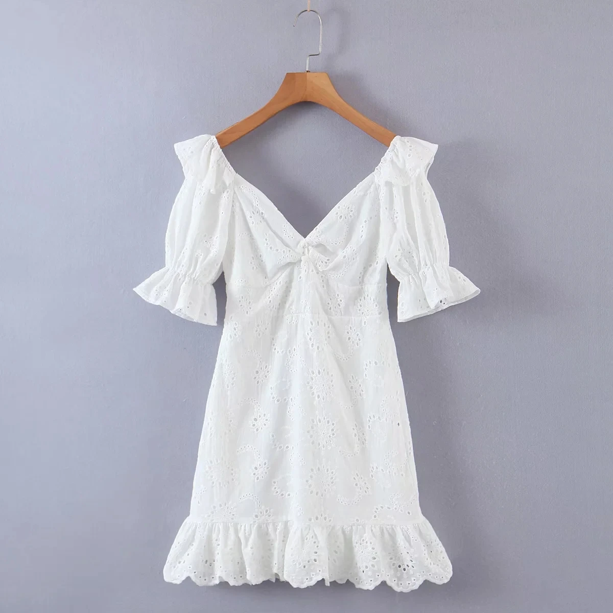 

PTYSIC White Hollow Out Women Mini Dress V-neck Flare Sleeve Sweet Girls High Waist A-line Female Dresses New 2022 Spring Summer