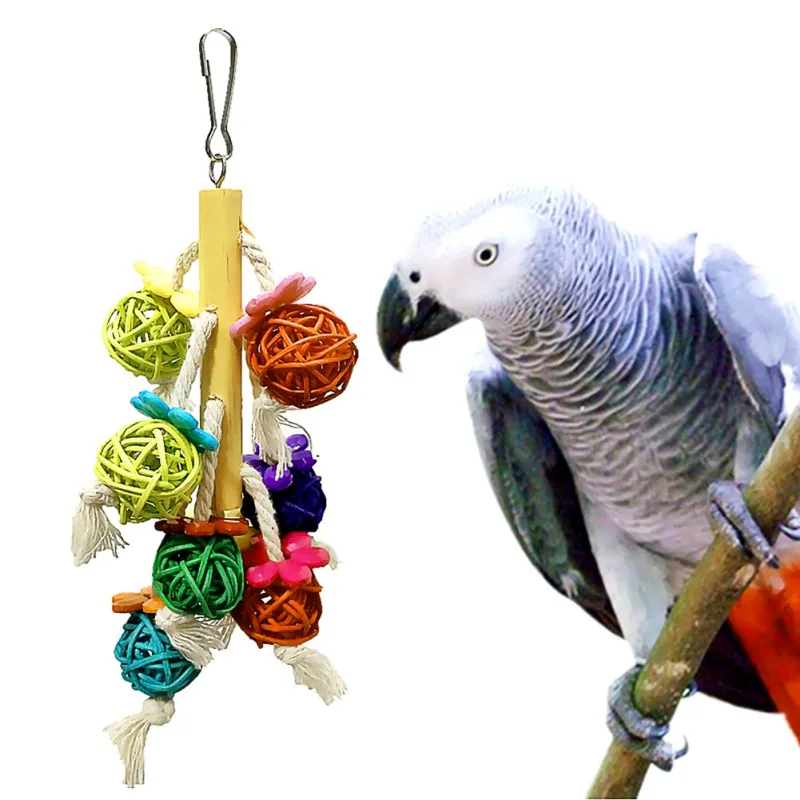 

Pet Bird Parrots Hanging Chewing Climbing Toys, Bird Colorful Rattan Ball Hanging Rope Bells for Macaw African Greys Budgies #1