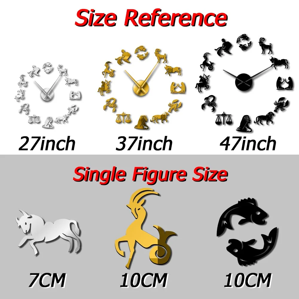 12 Zodiac Signs 3D Acrylic DIY Wall Clock Modern Astrology Wall Art Decor Quiet Sweep Clock Watch Creative Show Mirror Effect